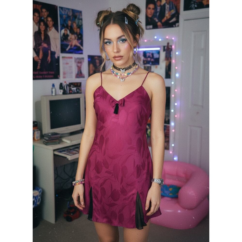 Victoria’s Secret Gold Label Pink Satin Slip Dress – Vintage 90s Tassel Detail